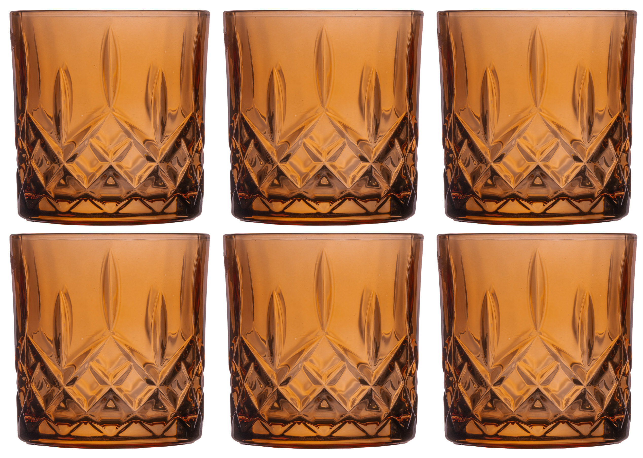 Whiskey/Waterglas - 6 Stuks  - Met Relief - 345 ML - Amber